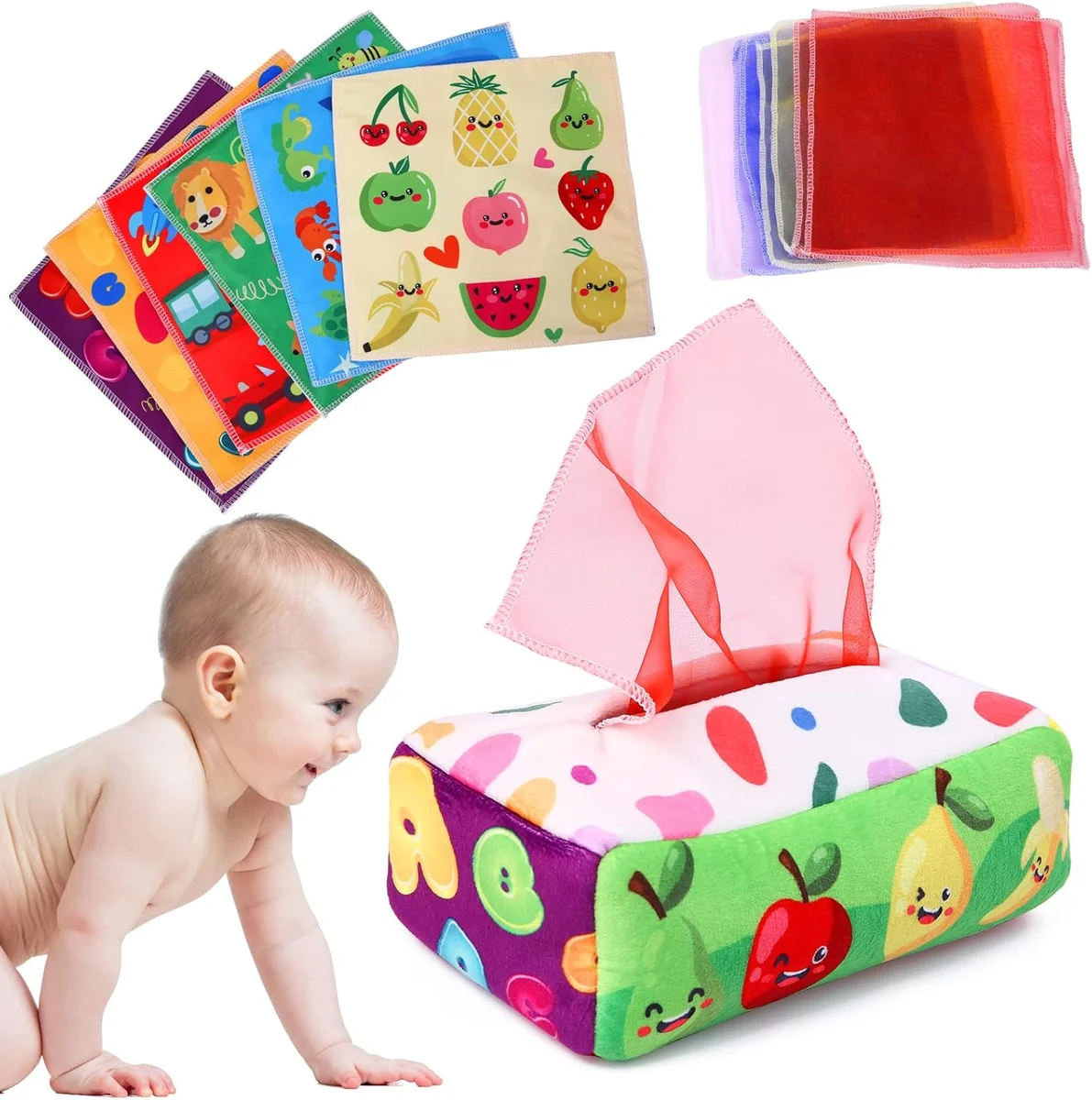 YOGINGO Baby Tissue Box Toy Montessori WJ01262 - Soft Fabric Crinkle Sensory Toy for 6-12 Months Colorful New