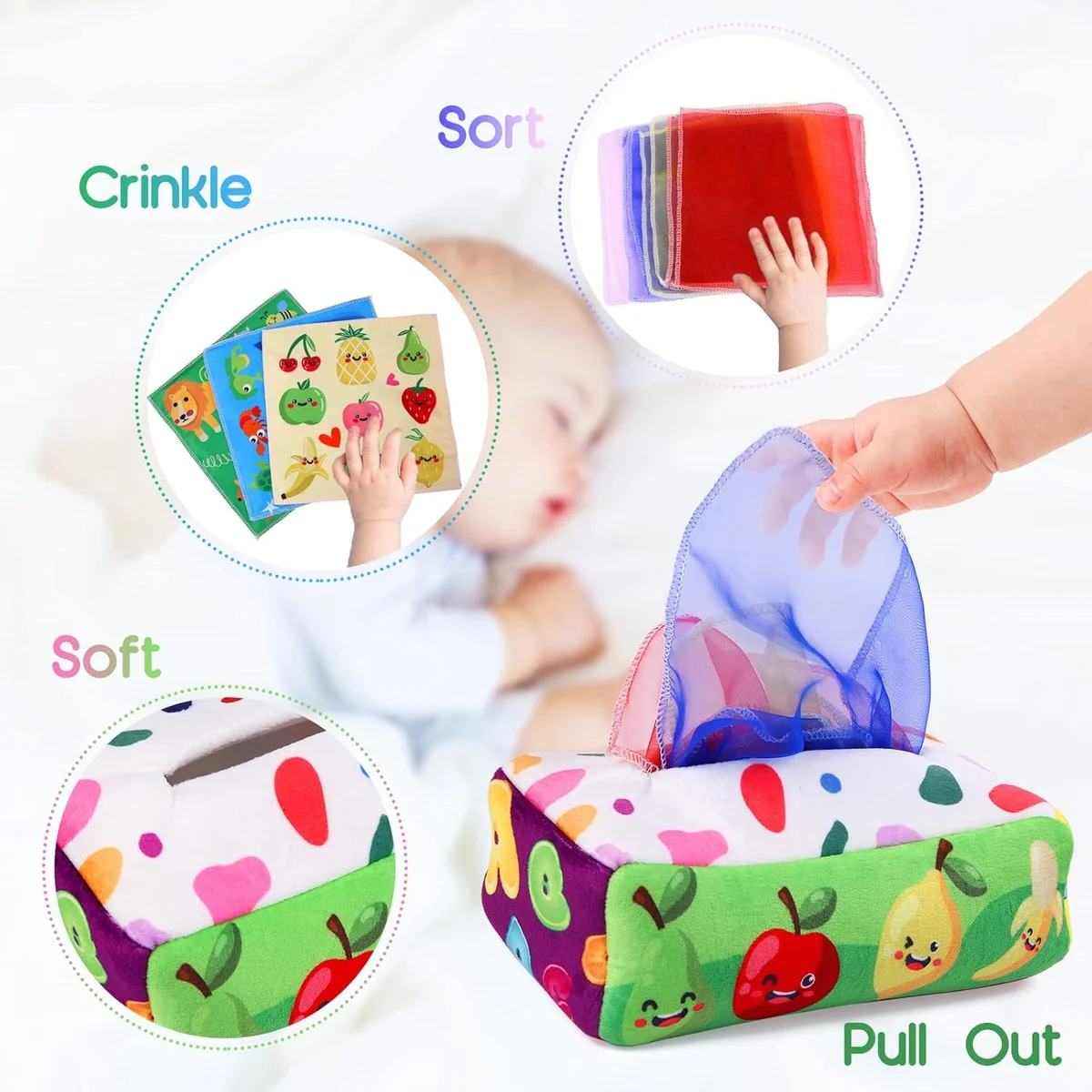 YOGINGO Baby Tissue Box Toy Montessori WJ01262 - Soft Fabric Crinkle Sensory Toy for 6-12 Months Colorful New image 2