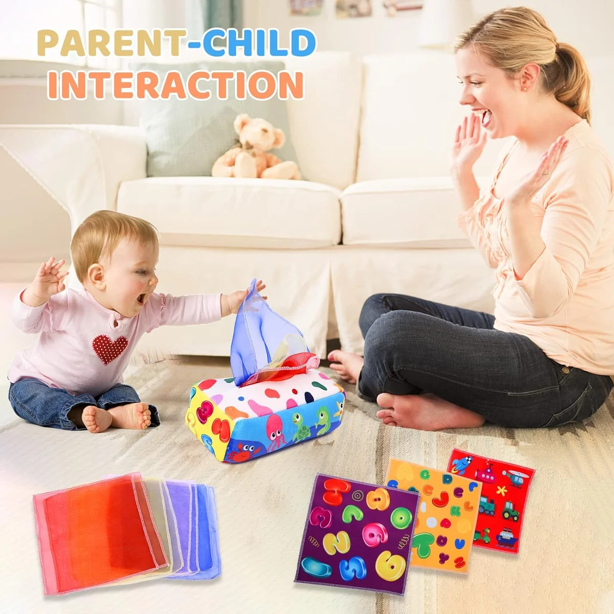 YOGINGO Baby Tissue Box Toy Montessori WJ01262 - Soft Fabric Crinkle Sensory Toy for 6-12 Months Colorful New image 3