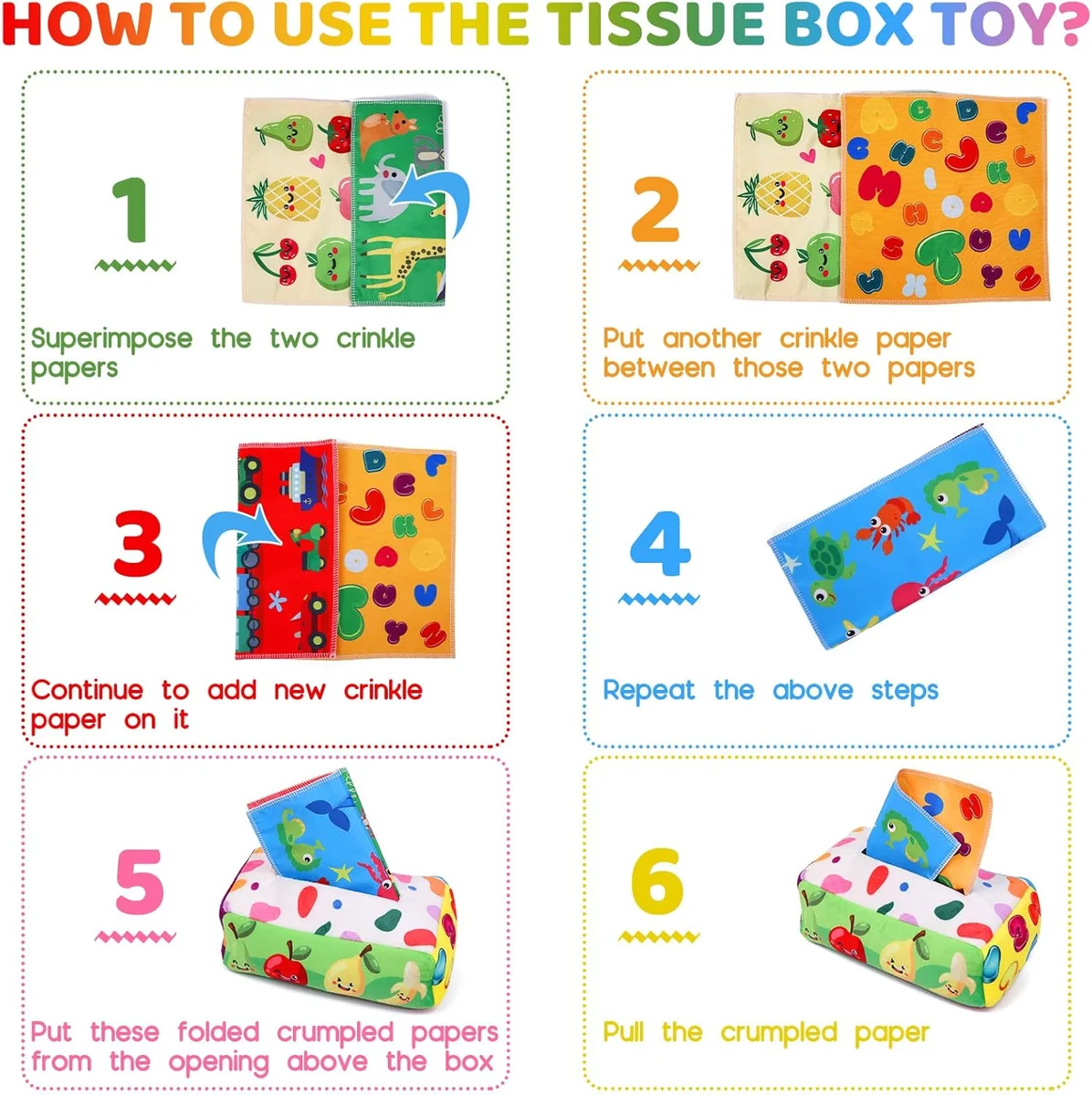 YOGINGO Baby Tissue Box Toy Montessori WJ01262 - Soft Fabric Crinkle Sensory Toy for 6-12 Months Colorful New image 5
