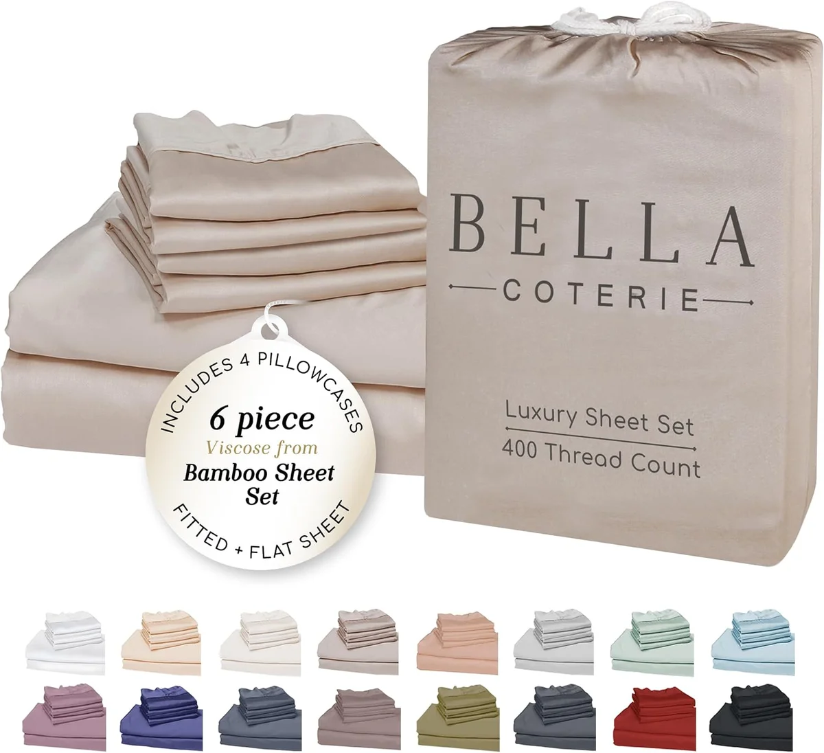 BC BELLA COTERIE Luxury Bamboo Viscose Sheet Set BC-6P-SS-CK-DUNE-01 | 6 Pieces | 400 TC | California King | Dune | New