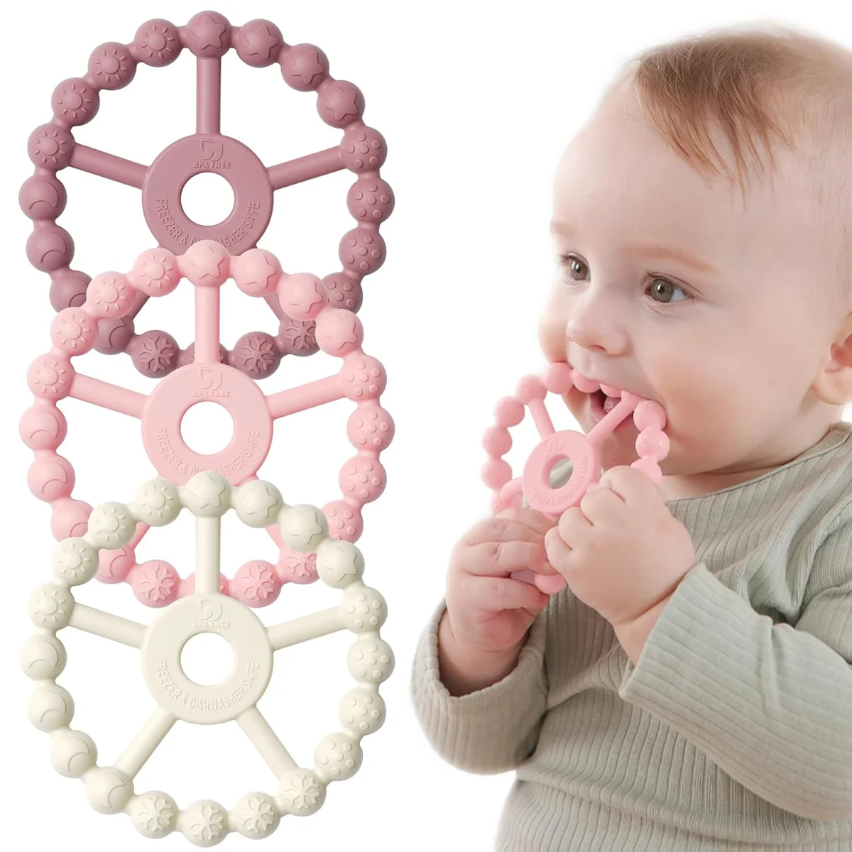 Seposeve 3 Pack Ring Teether Baby Toys YSTRT01 Silicone Teething Relief Purple Pink White - New