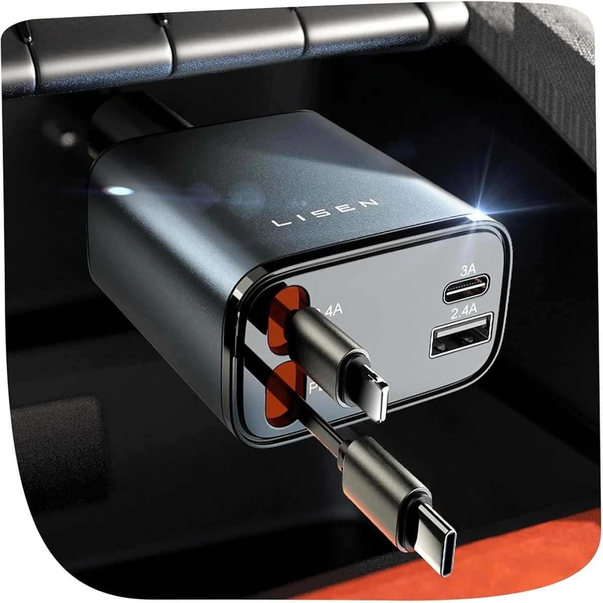 LISEN Retractable Car Charger 2E7130 84W USB C Fast Charge Grey New