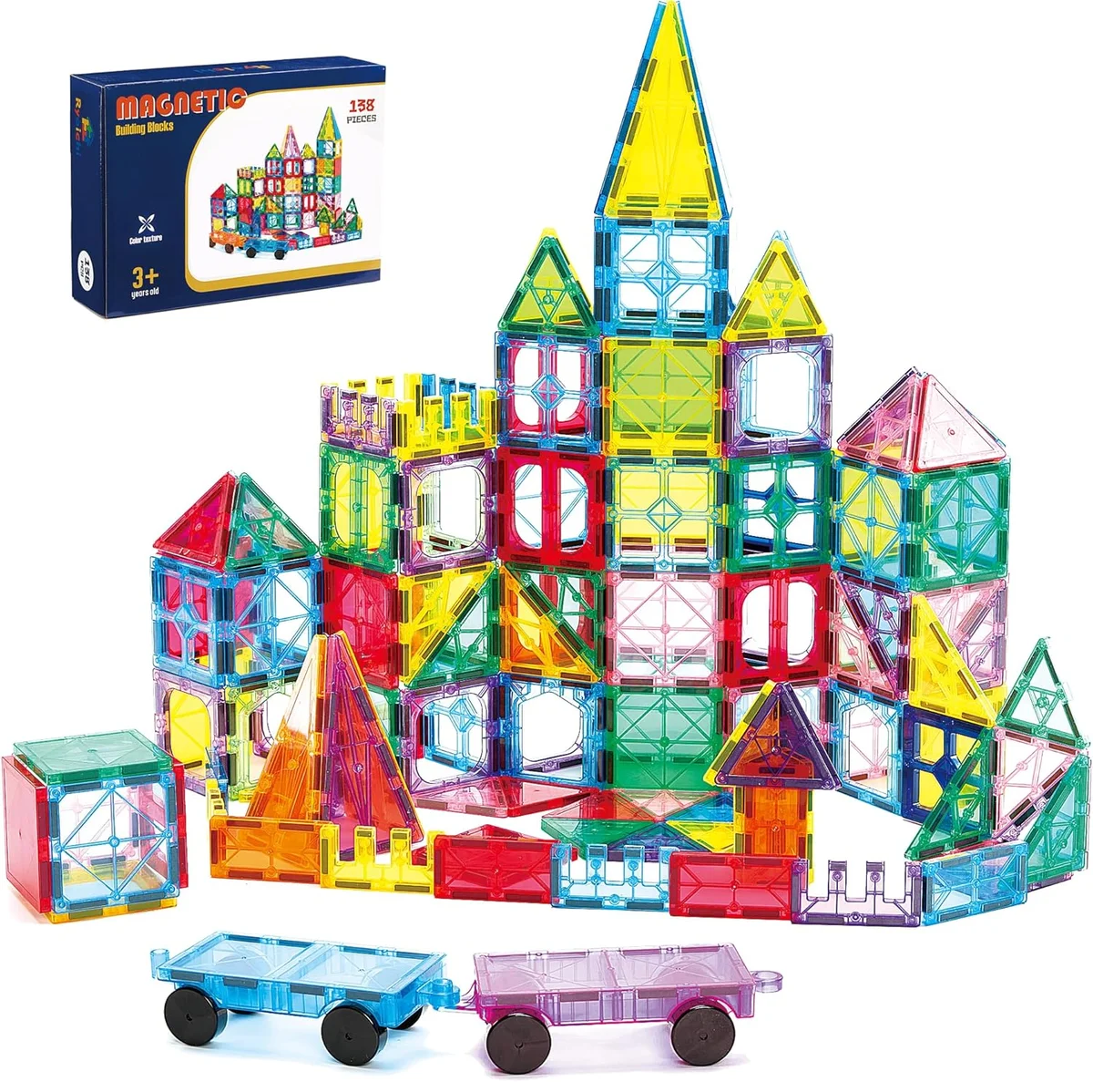 Ryoichi Magnetic Tiles Set 138PCS with 2 Cars STEM Educational Building Blocks Multicolor New