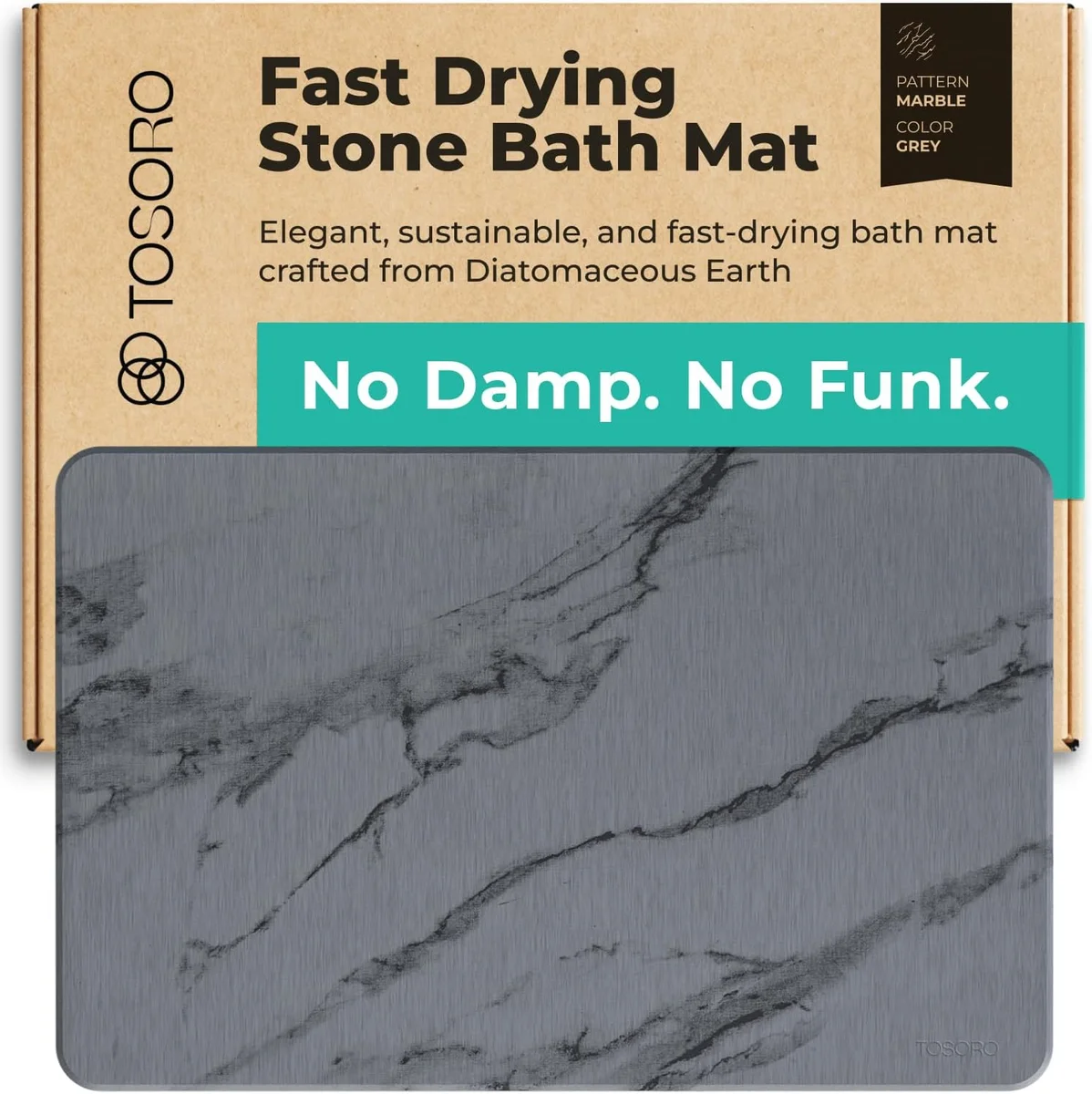 TOSORO Stone Bath Mat Diatomaceous Earth 23.5x15 Non-Slip Graphite - New