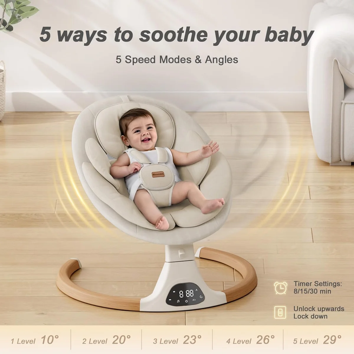 Monamii Baby Swing BB2007 5 Speeds, 10 Lullabies Beige New image 4