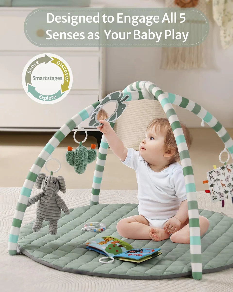 Blissful Diary Baby Play Gym Mat YXTLYY 6 Detachable Toys 33.46"L x 33.46"W Sage Green New image 3