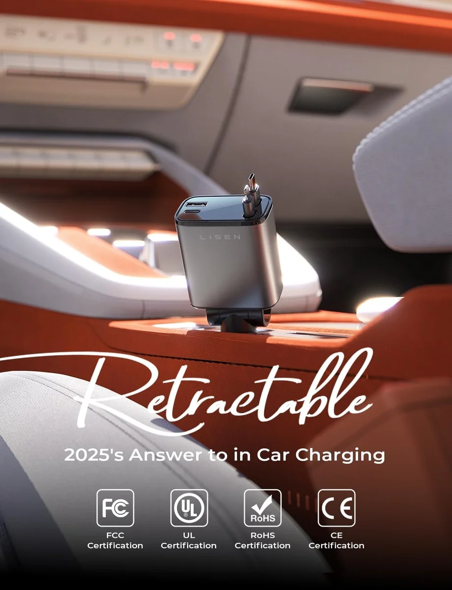 LISEN Retractable Car Charger 2E7130 84W USB C Fast Charge Grey New image 2