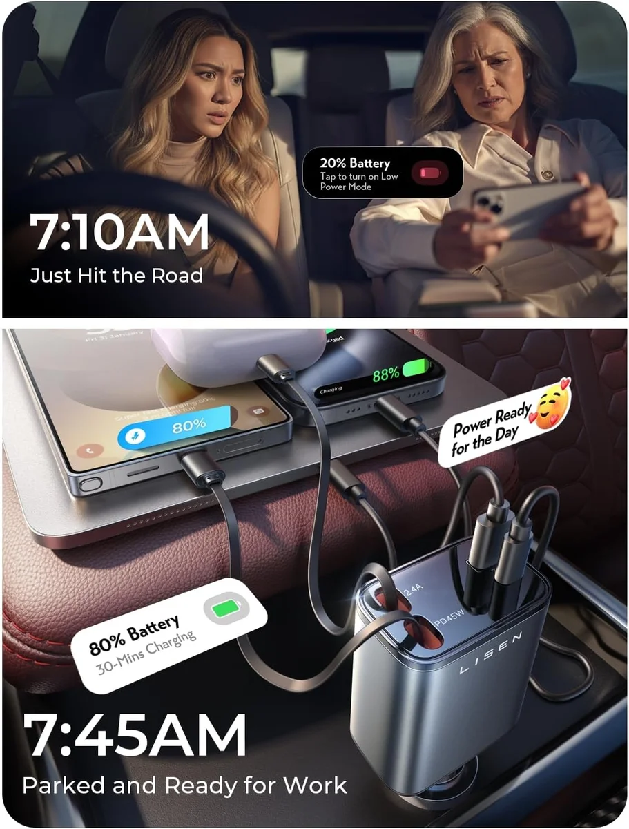 LISEN Retractable Car Charger 2E7130 84W USB C Fast Charge Grey New image 5