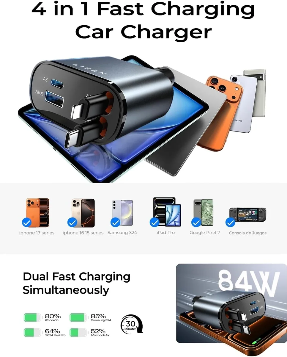 LISEN Retractable Car Charger 2E7130 84W USB C Fast Charge Grey New image 7