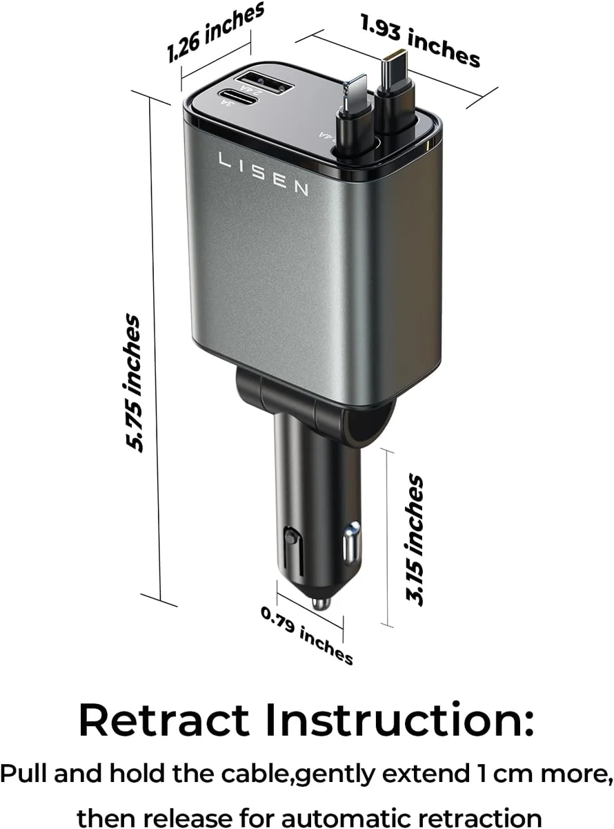 LISEN Retractable Car Charger 2E7130 84W USB C Fast Charge Grey New image 8