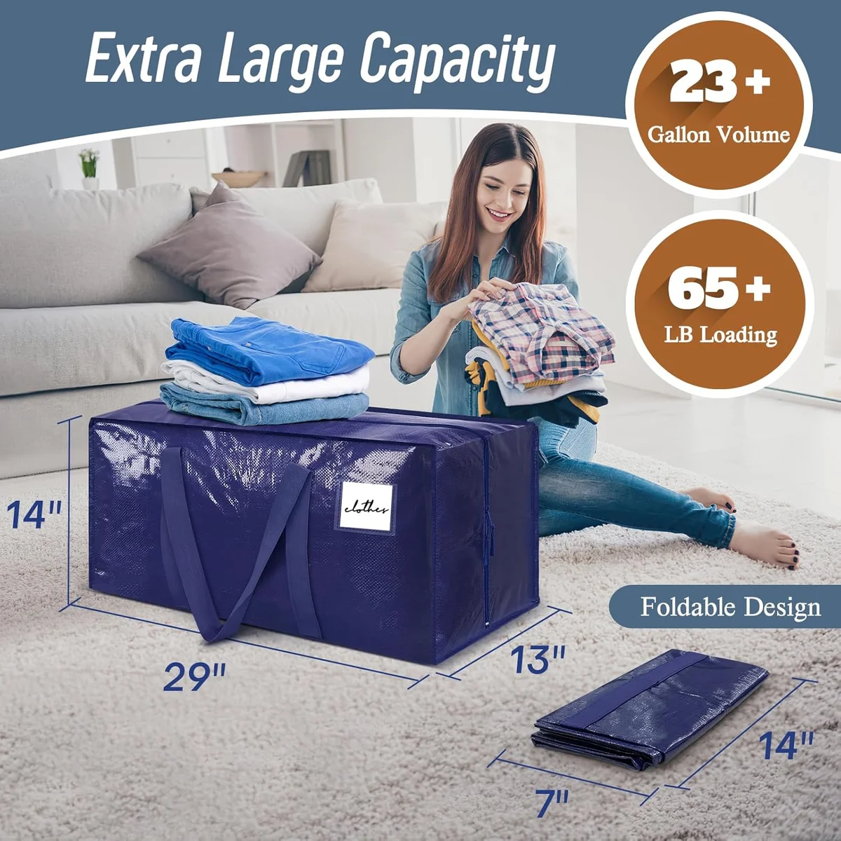 FYGRIP Extra Heavy Duty Large Moving Bags MB24 29"L x 14"W x 13"H Dark Blue New image 3
