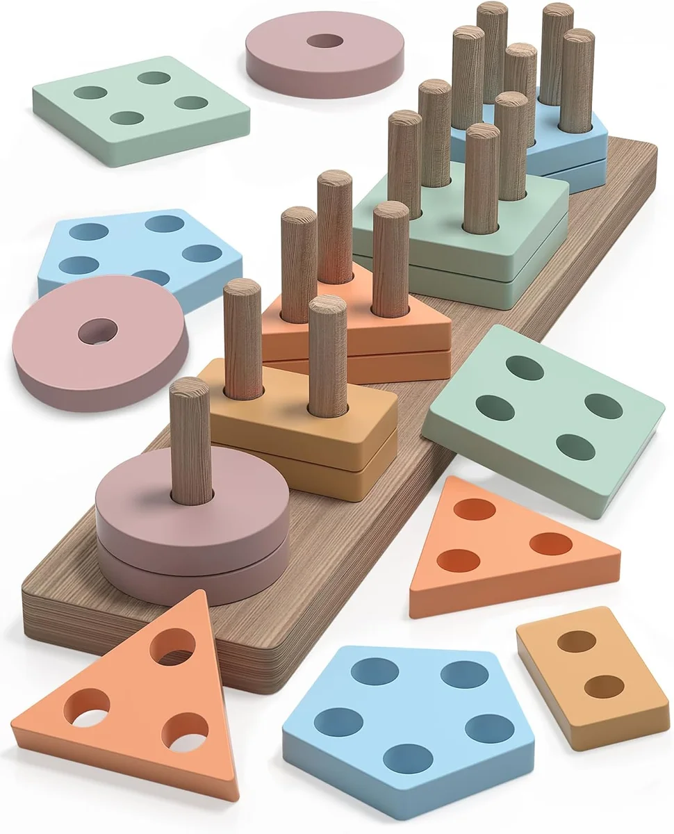 kecristv Montessori Toys Shape Sorter Wooden Toy 20 Pieces Educational Brown New