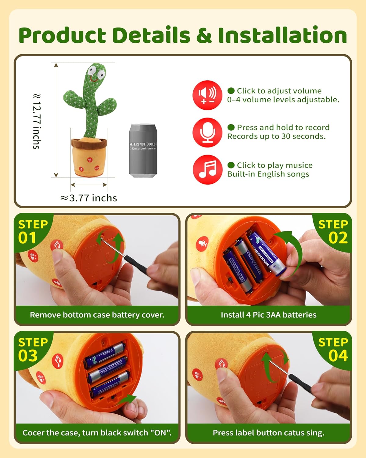 TWORIVER Dancing Talking Cactus Baby Toy T-002 12.77 inches Plush Interactive Toy New image 9