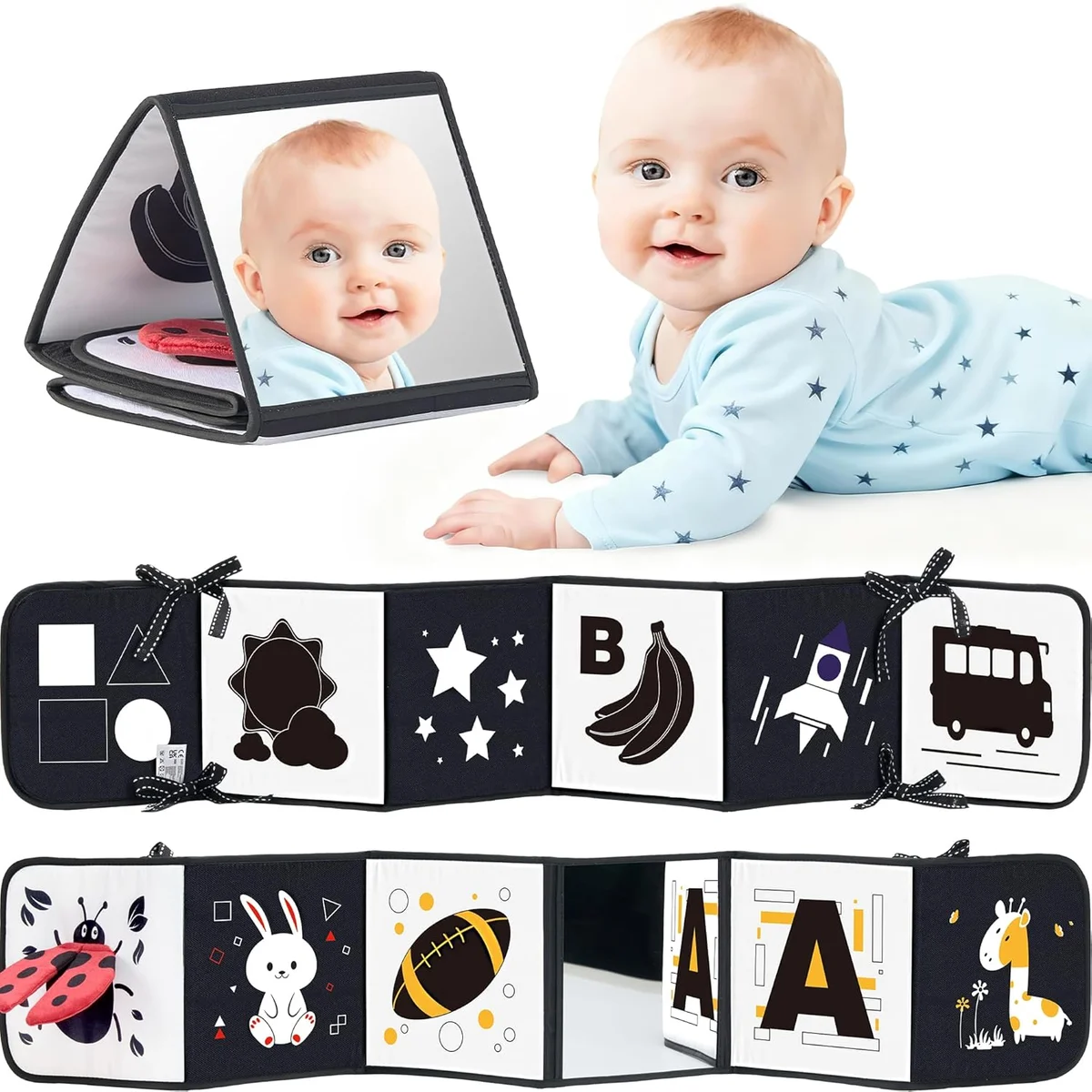 Infinno Black and White Baby Book Tummy Time Mirror Sensory Toy Soft Cotton New
