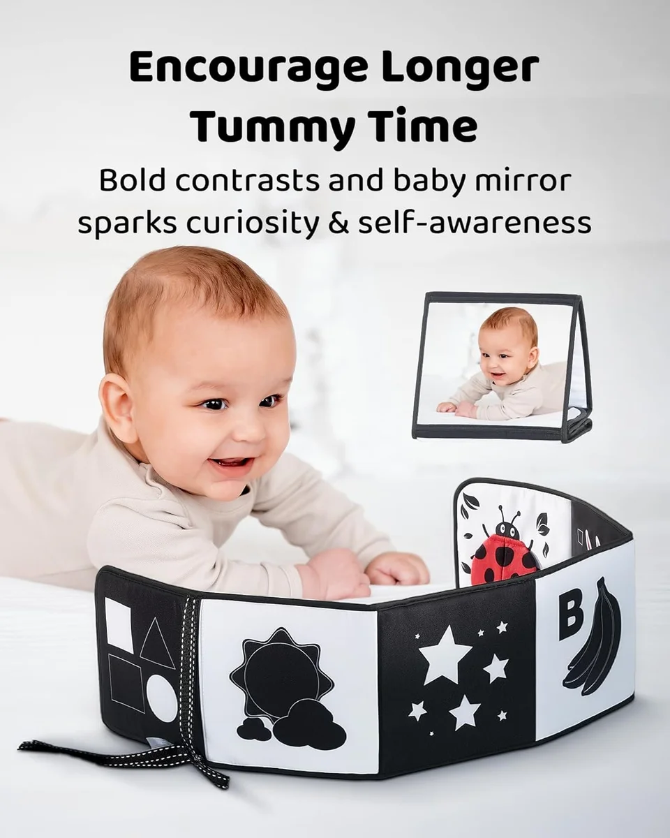 Infinno Black and White Baby Book Tummy Time Mirror Sensory Toy Soft Cotton New image 2