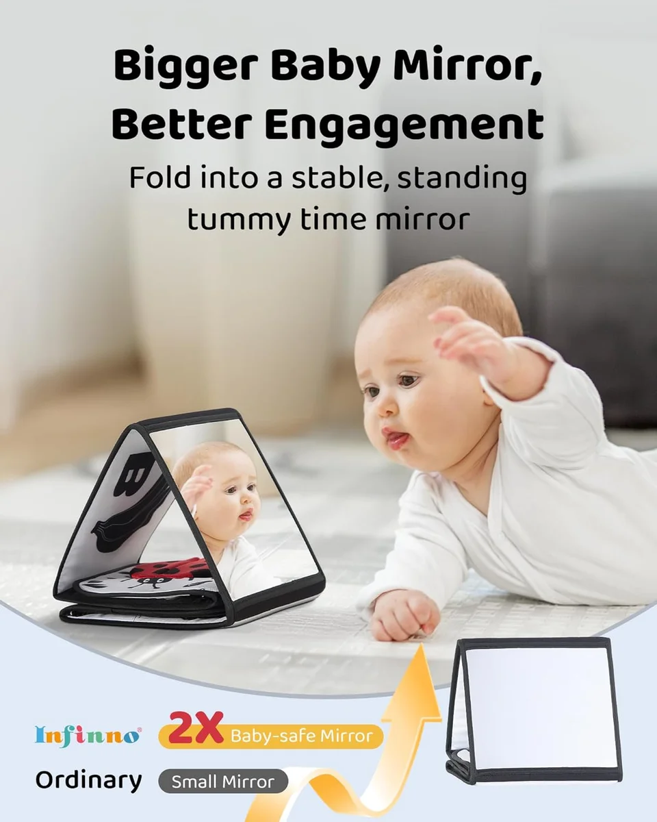 Infinno Black and White Baby Book Tummy Time Mirror Sensory Toy Soft Cotton New image 3