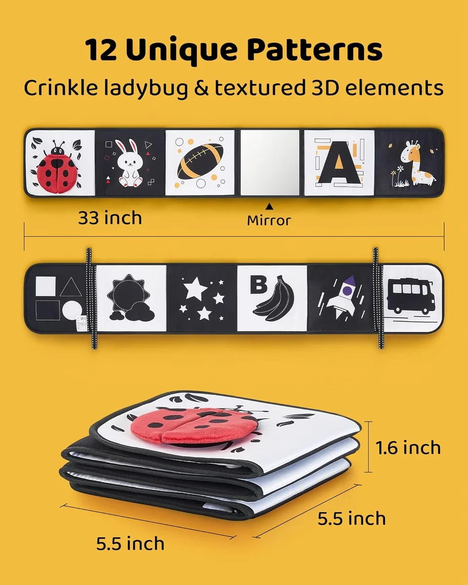Infinno Black and White Baby Book Tummy Time Mirror Sensory Toy Soft Cotton New image 7