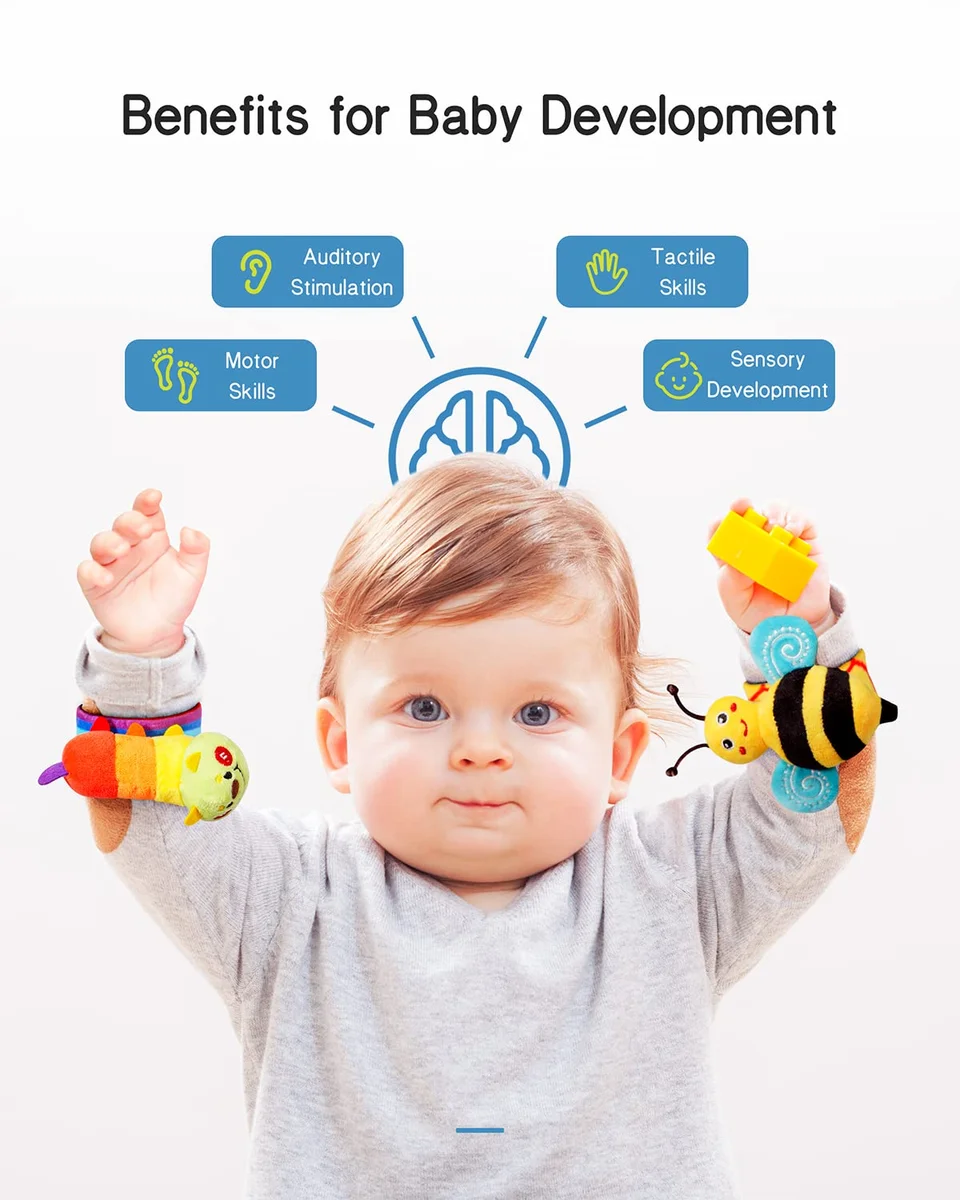 Infinno Baby Wrist Rattle Socks and Foot Finder Set IBRS-01 4 Count Cotton Warm Color New image 4