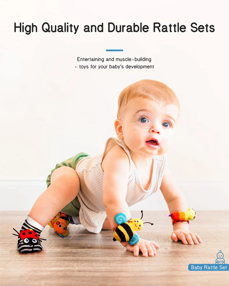 Infinno Baby Wrist Rattle Socks and Foot Finder Set IBRS-01 4 Count Cotton Warm Color New image 5
