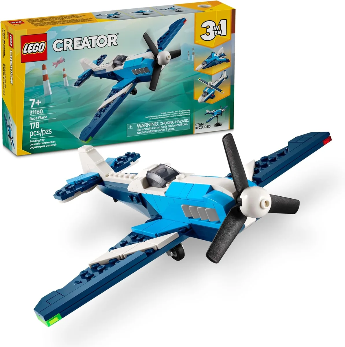 LEGO Creator Aircraft Race Plane Toy 31160 3 in 1 Model Airplane Fighter Jet Helicopter Multicolor New