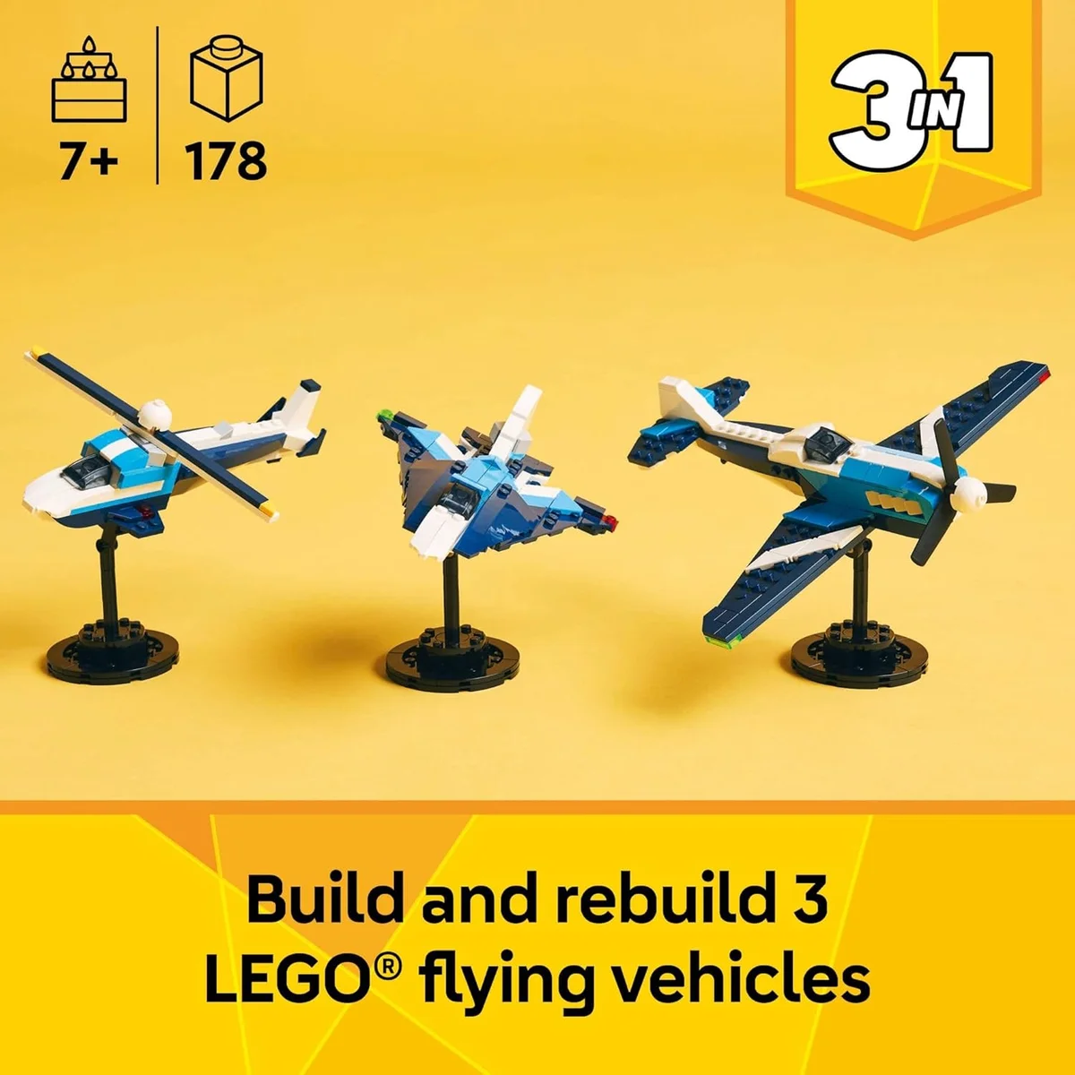 LEGO Creator Aircraft Race Plane Toy 31160 3 in 1 Model Airplane Fighter Jet Helicopter Multicolor New image 2