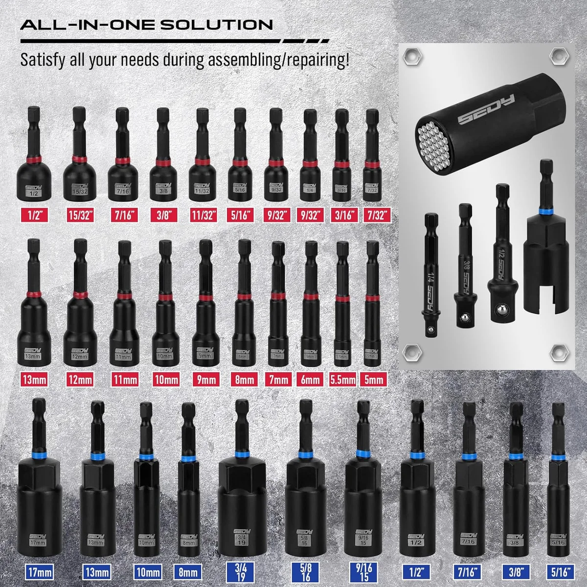 SEDY 80-Piece Premium Magnetic Impact Nut Driver Set 84099 Metric & SAE Multi-Use Kit New image 2