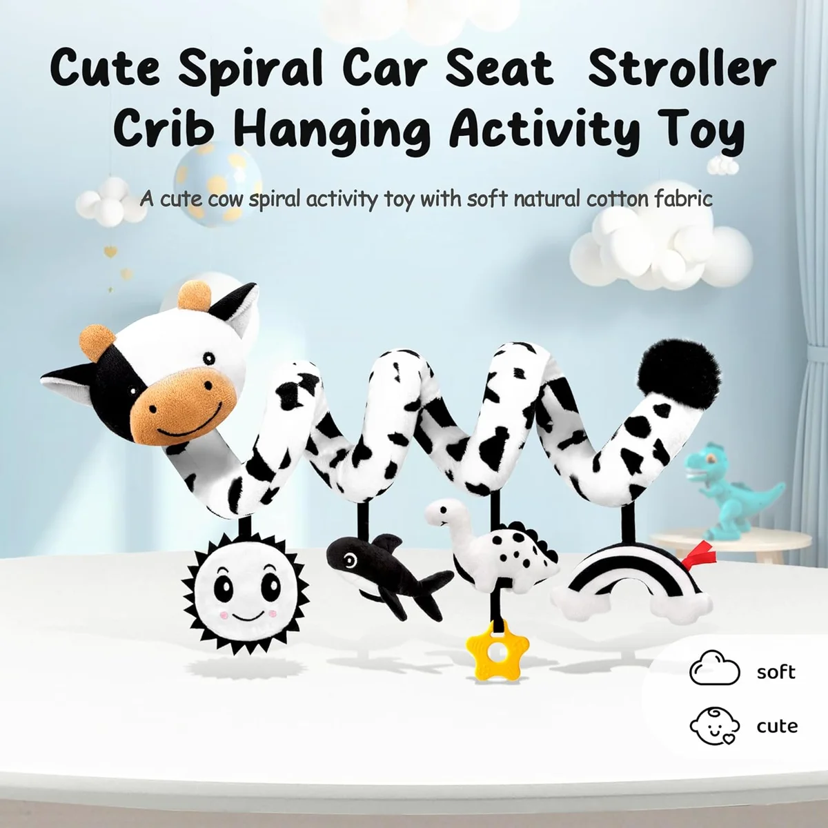 Spiral Car Seat Baby Toys 0-6 Months, Infant Carseat High Contrast Sensory Toys Hanging Stroller Accessories, Newborn Shower Gifts for Baby Boys Essentials Stuff, Cute Black and White Cow image 2