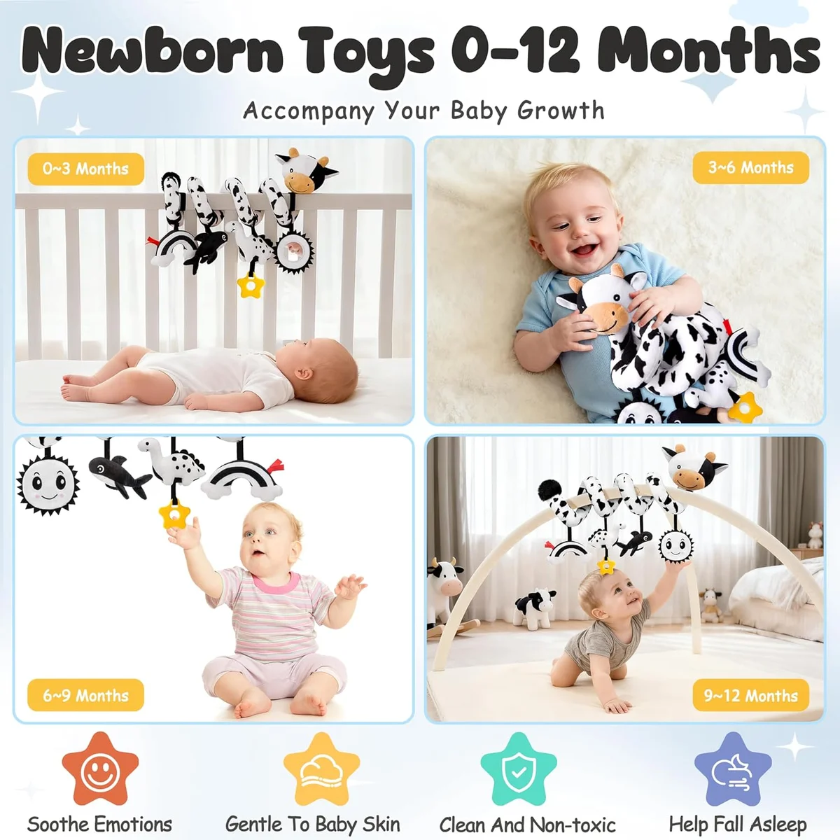 Spiral Car Seat Baby Toys 0-6 Months, Infant Carseat High Contrast Sensory Toys Hanging Stroller Accessories, Newborn Shower Gifts for Baby Boys Essentials Stuff, Cute Black and White Cow image 3