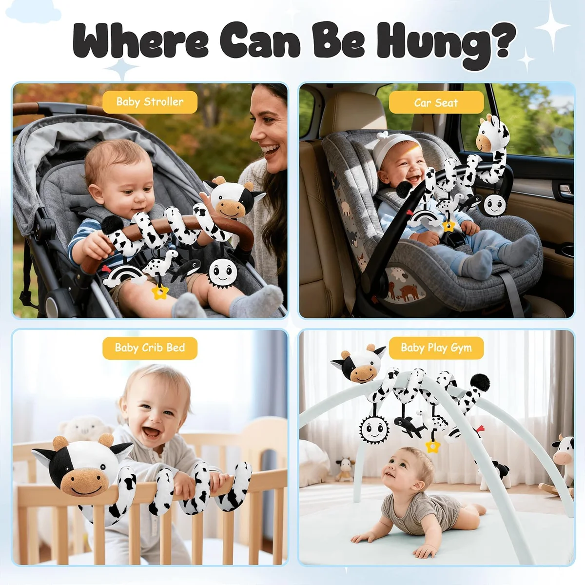 Spiral Car Seat Baby Toys 0-6 Months, Infant Carseat High Contrast Sensory Toys Hanging Stroller Accessories, Newborn Shower Gifts for Baby Boys Essentials Stuff, Cute Black and White Cow image 4