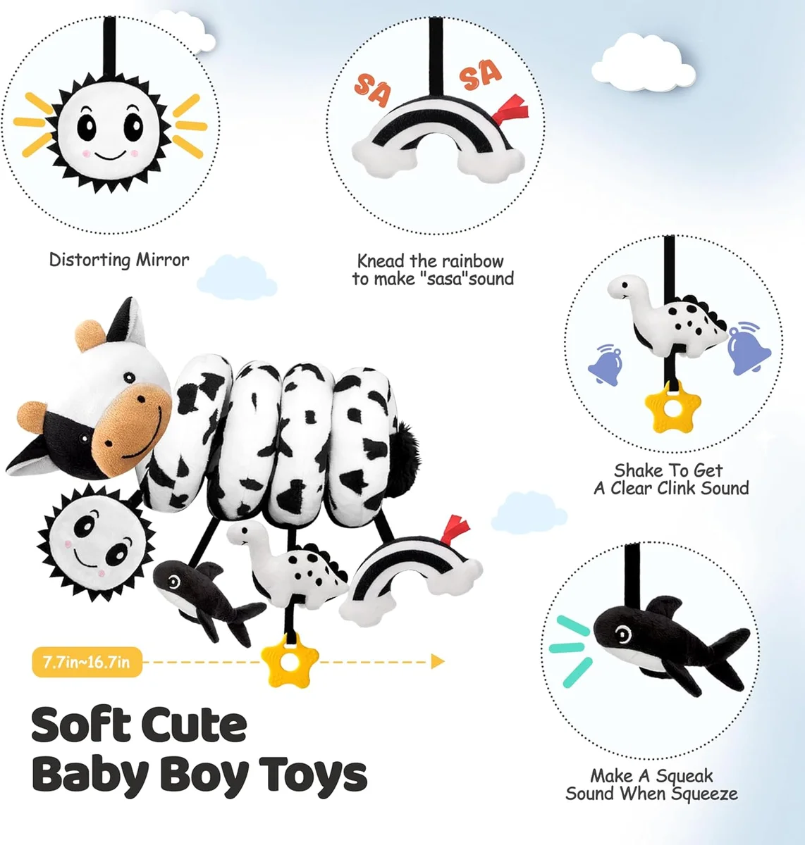 Spiral Car Seat Baby Toys 0-6 Months, Infant Carseat High Contrast Sensory Toys Hanging Stroller Accessories, Newborn Shower Gifts for Baby Boys Essentials Stuff, Cute Black and White Cow image 5