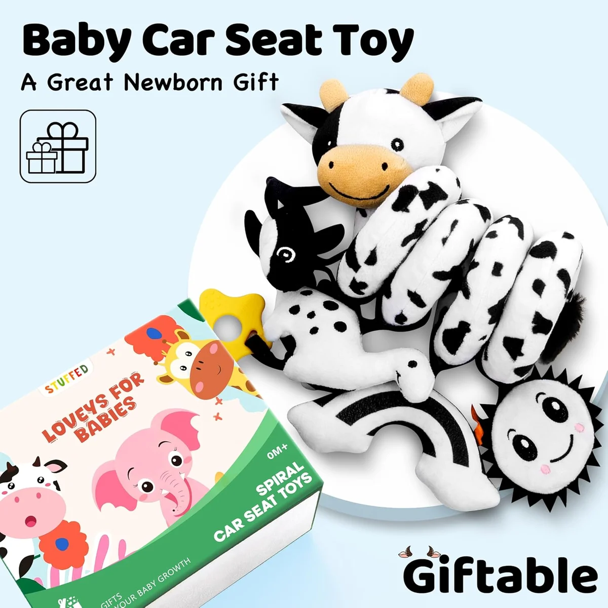 Spiral Car Seat Baby Toys 0-6 Months, Infant Carseat High Contrast Sensory Toys Hanging Stroller Accessories, Newborn Shower Gifts for Baby Boys Essentials Stuff, Cute Black and White Cow image 7