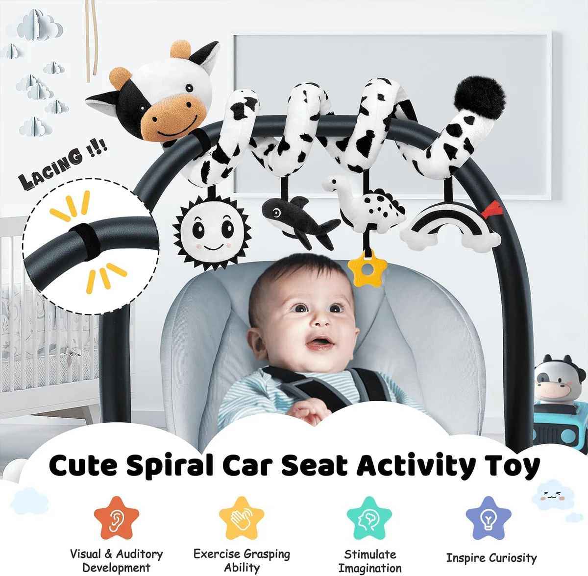 Spiral Car Seat Baby Toys 0-6 Months, Infant Carseat High Contrast Sensory Toys Hanging Stroller Accessories, Newborn Shower Gifts for Baby Boys Essentials Stuff, Cute Black and White Cow image 8