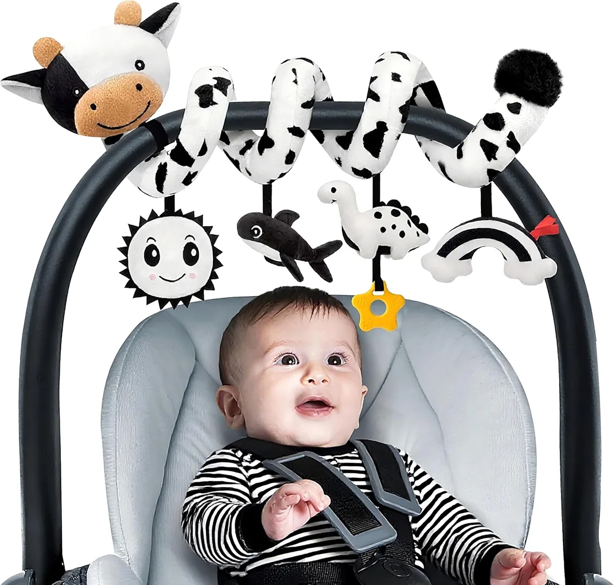 Spiral Car Seat Baby Toys 0-6 Months, Infant Carseat High Contrast Sensory Toys Hanging Stroller Accessories, Newborn Shower Gifts for Baby Boys Essentials Stuff, Cute Black and White Cow image 9