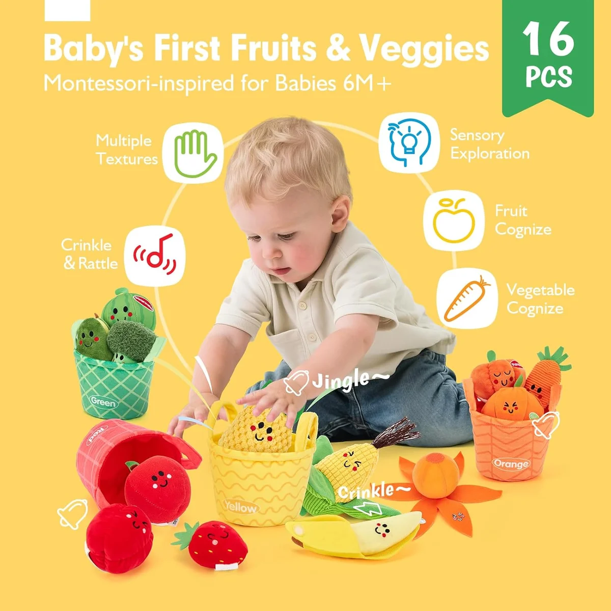 hahaland Baby Sensory Toys - My First Fruit Vegetable Color Sorting Play Food 16 PCS Plush - Multi Color - New image 2