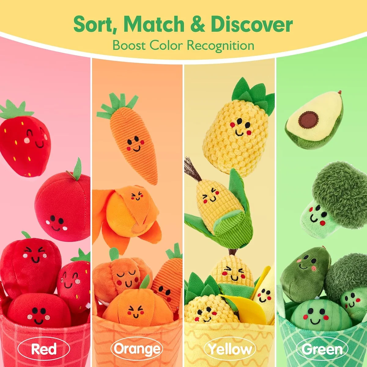 hahaland Baby Sensory Toys - My First Fruit Vegetable Color Sorting Play Food 16 PCS Plush - Multi Color - New image 4