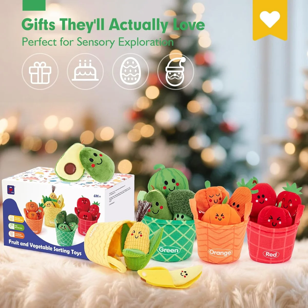 hahaland Baby Sensory Toys - My First Fruit Vegetable Color Sorting Play Food 16 PCS Plush - Multi Color - New image 9