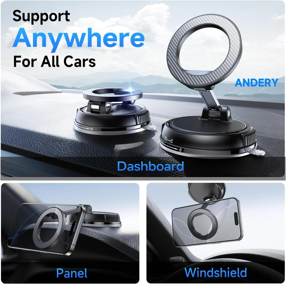 ANDERY Car Phone Holder for Magsafe RLX10 [78+LBS Suction & 2400gf Magnetic] Carbon Fiber New image 2