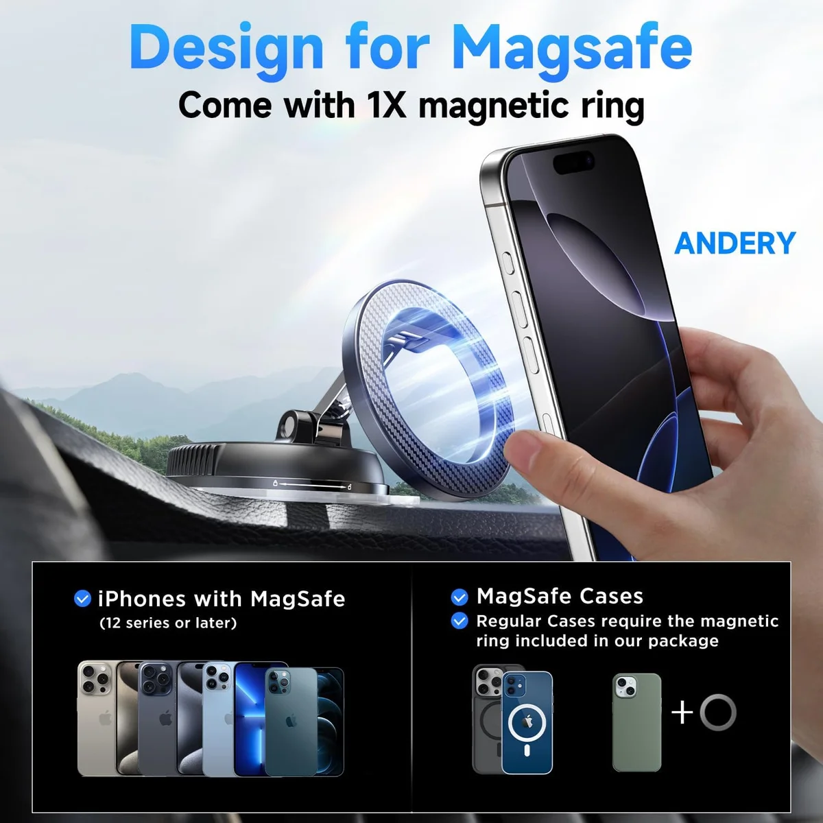 ANDERY Car Phone Holder for Magsafe RLX10 [78+LBS Suction & 2400gf Magnetic] Carbon Fiber New image 6