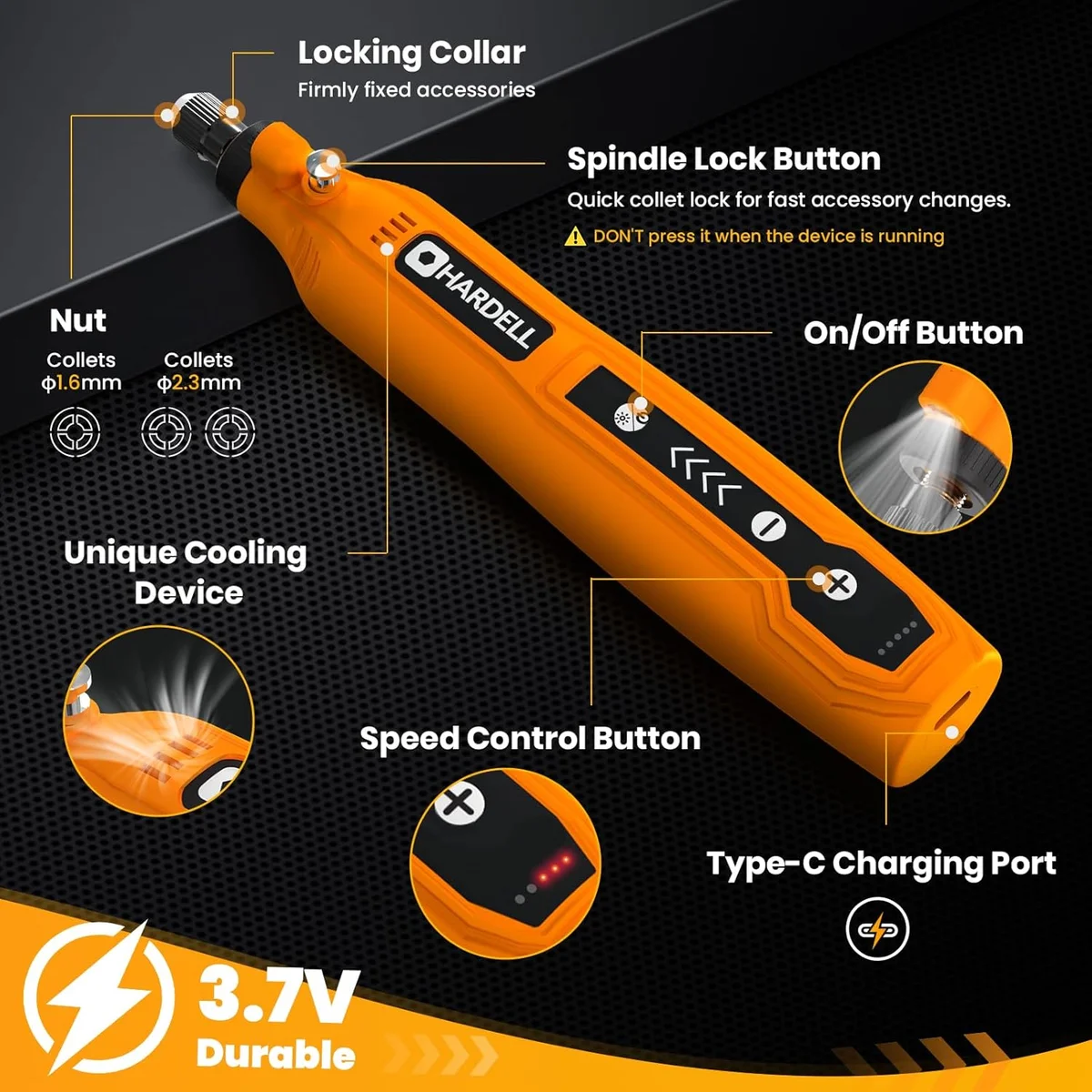 HARDELL Mini Cordless Rotary Tool DM12405ORANGEH-1-es 5-Speed USB Charging 3.7V - New image 2