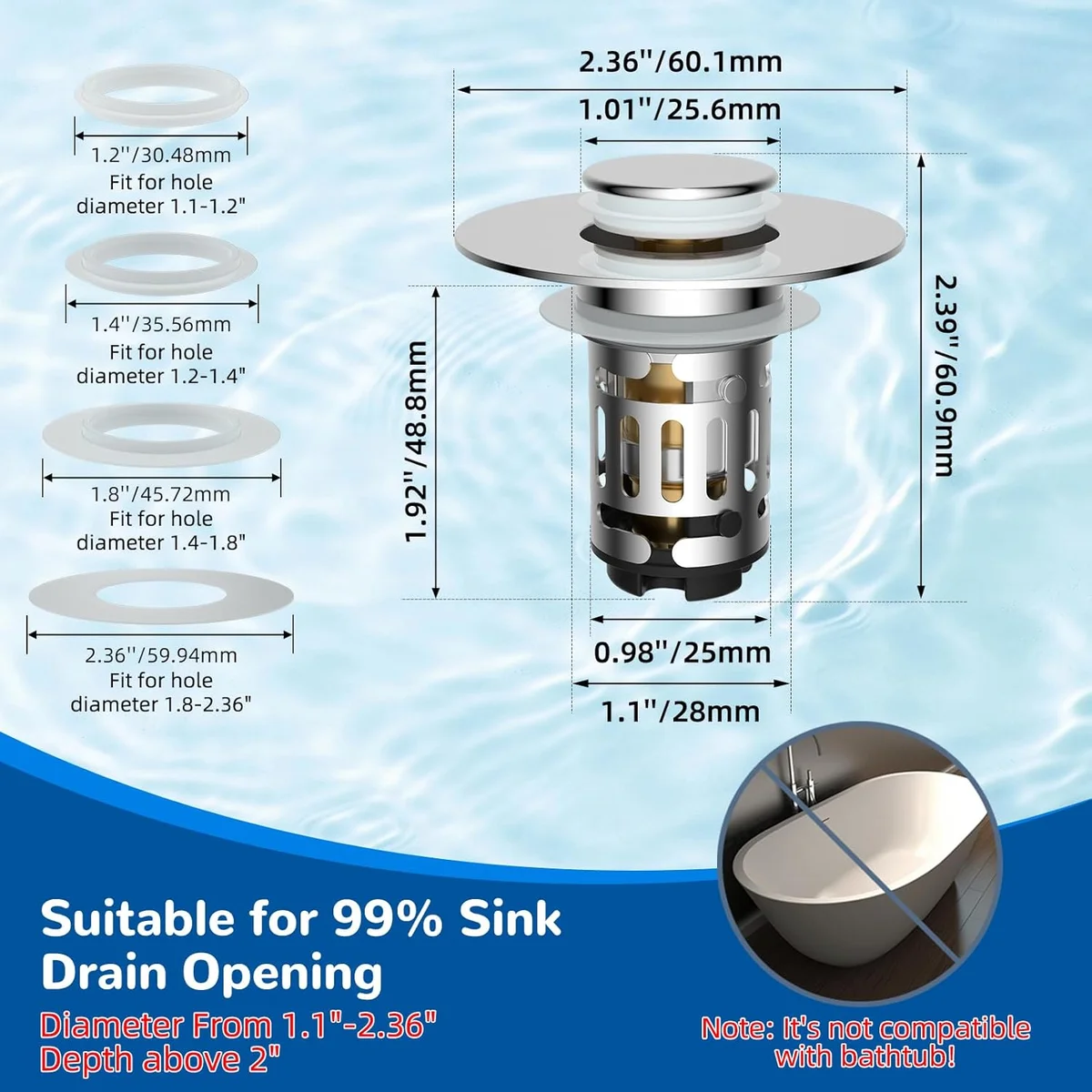 Hibbent Bathroom Sink Drain Strainer 100-12.BDSD2507-2500-C-1P Universal Pop Up Stopper Stainless Steel Removable Filter Chrome New image 7
