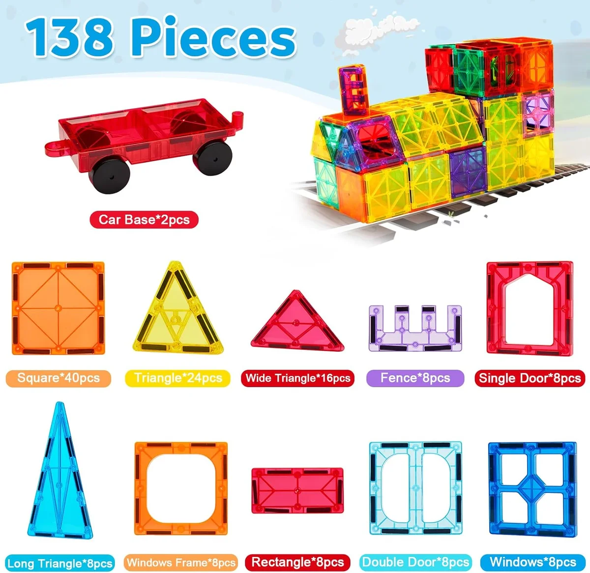 Ryoichi Magnetic Tiles Set 138PCS with 2 Cars STEM Educational Building Blocks Multicolor New image 2