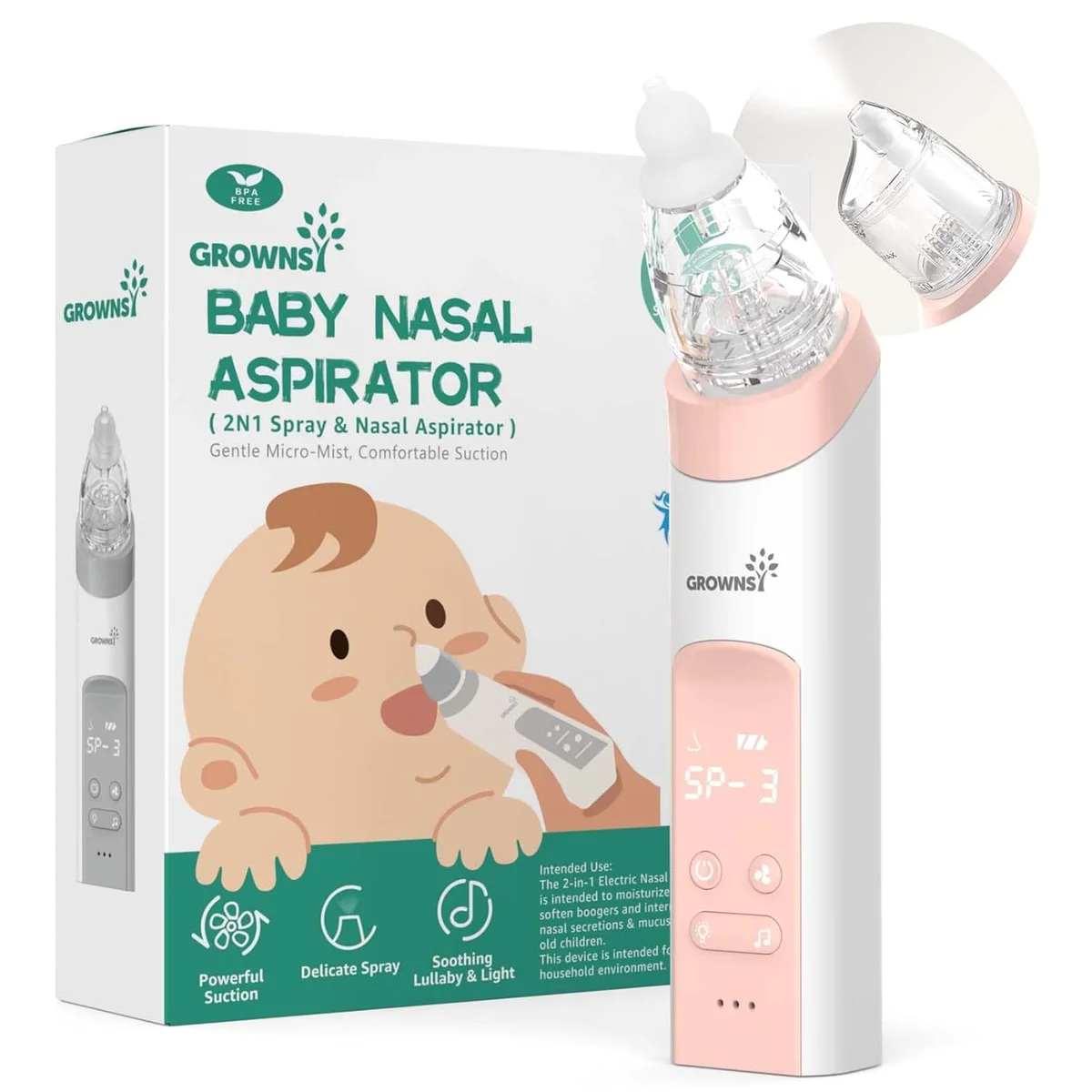 GROWNSY Nasal Aspirator for Baby BC023 2-in-1 Electric Nose Spray & Suction Pink New