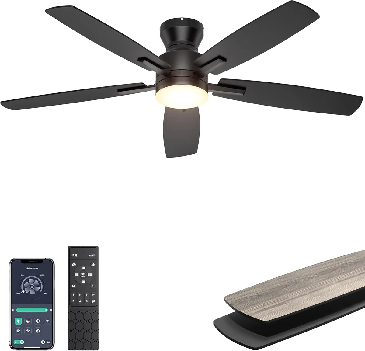 Ohniyou Ceiling Fan with Lights GLX100 52 Inch Low Profile Remote/App Control Black New