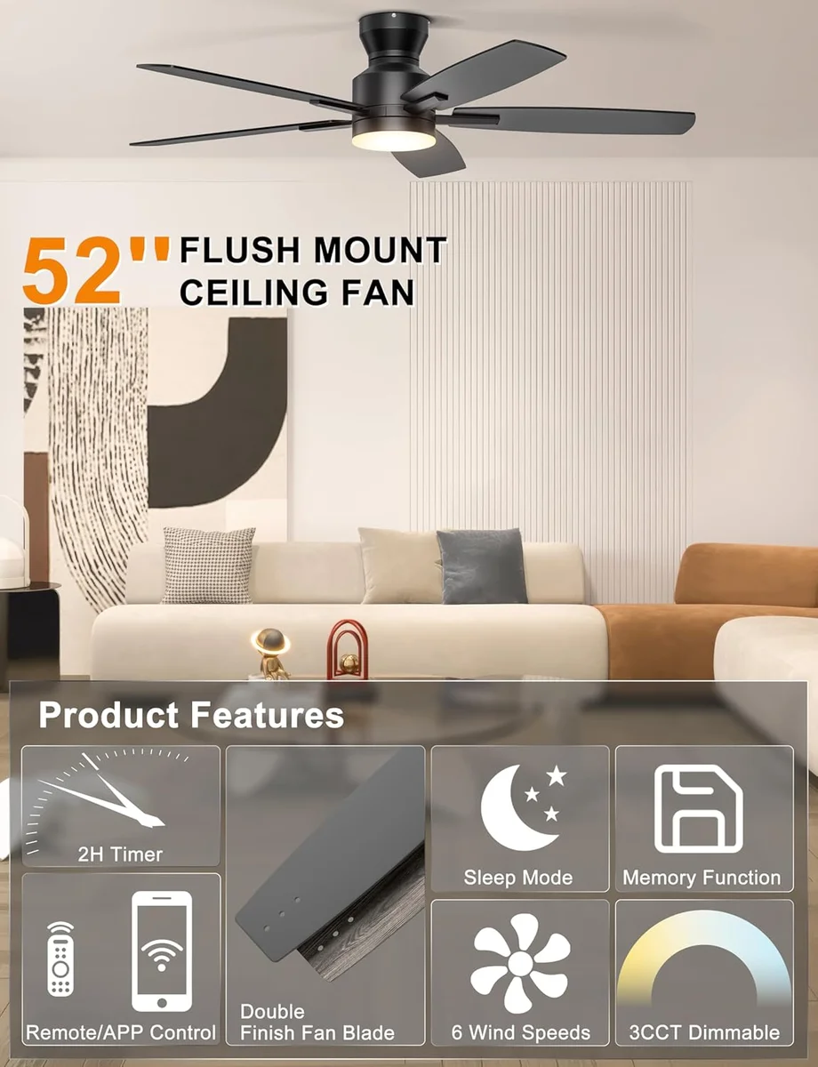 Ohniyou Ceiling Fan with Lights GLX100 52 Inch Low Profile Remote/App Control Black New image 3