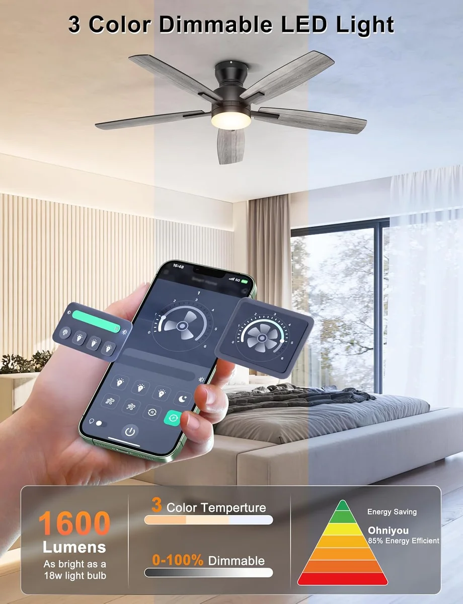 Ohniyou Ceiling Fan with Lights GLX100 52 Inch Low Profile Remote/App Control Black New image 4