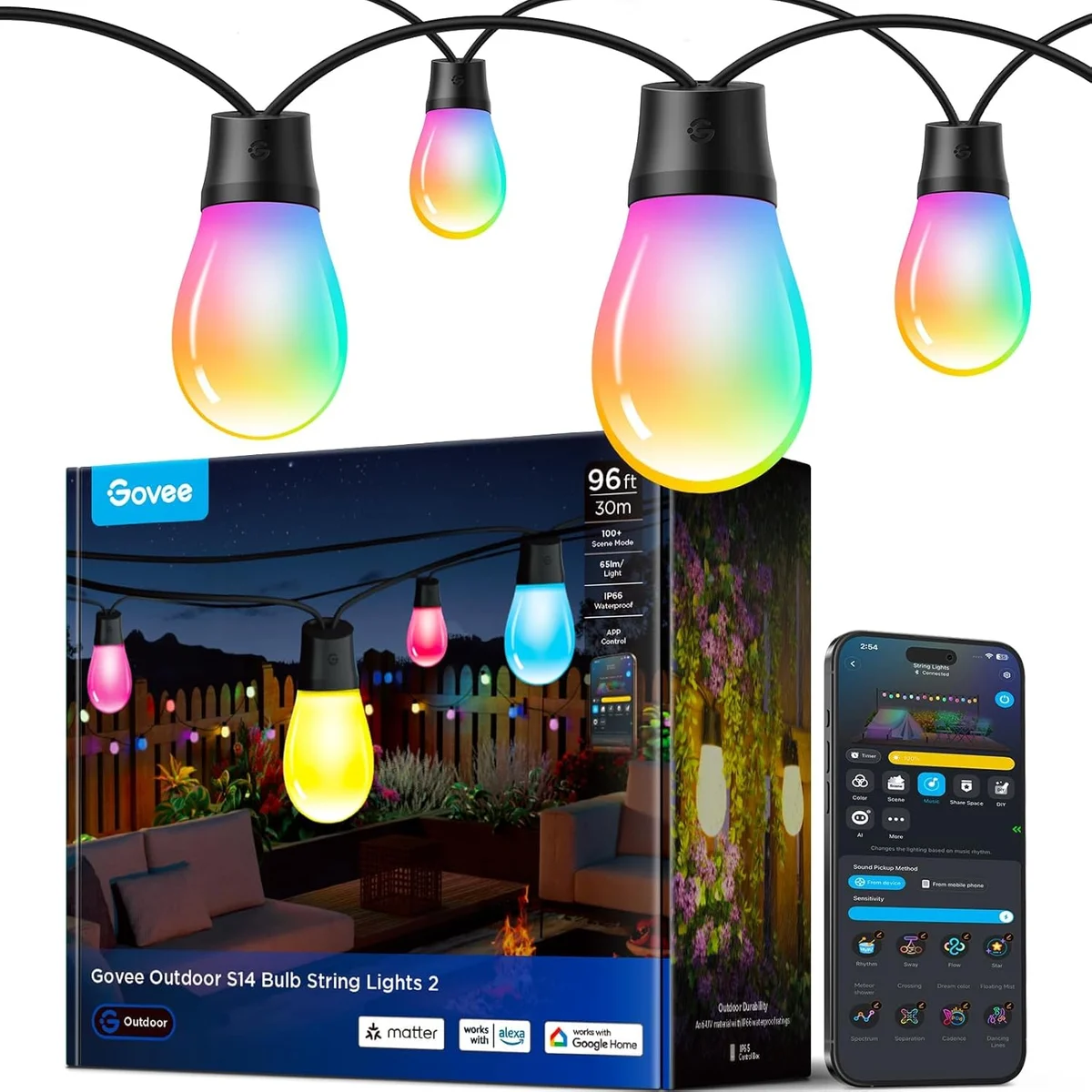 Govee S14 Bulb Outdoor String Lights H702B 96ft Smart RGBIC IP66 Alexa Compatible Black New