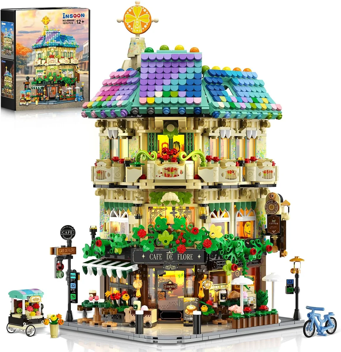 INSOON Flower Cafe House Building Set 690060 1876 PCS Modular Building with Lights Red, Yellow, Green, Blue, White New
