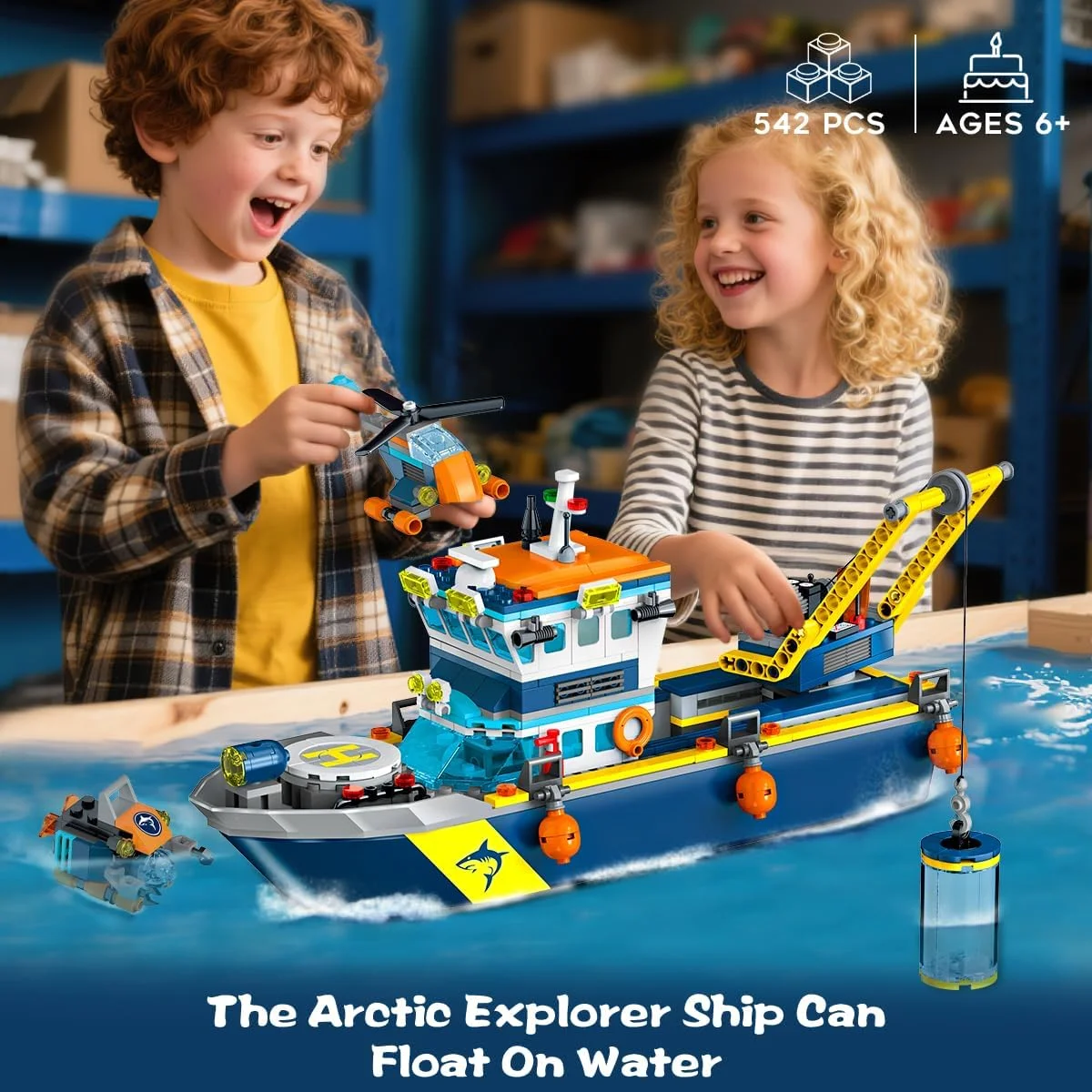 HiWEEGO City Floatable Boat Building Set with LED Light 542 Pieces Blue New image 2