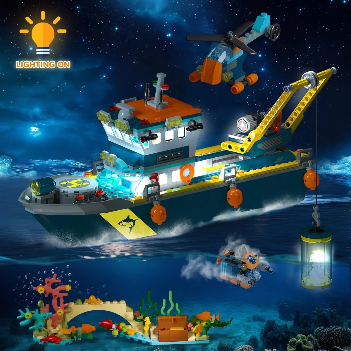 HiWEEGO City Floatable Boat Building Set with LED Light 542 Pieces Blue New image 3